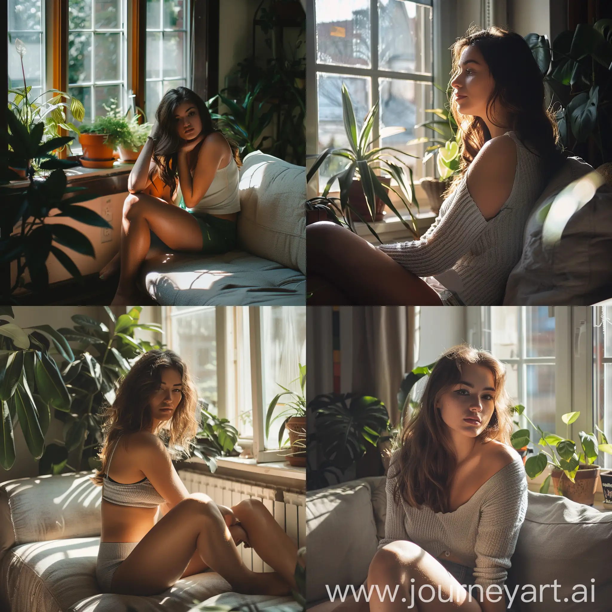 Beautiful-Woman-Enjoying-Sunlight-by-Windowsill-Indoors