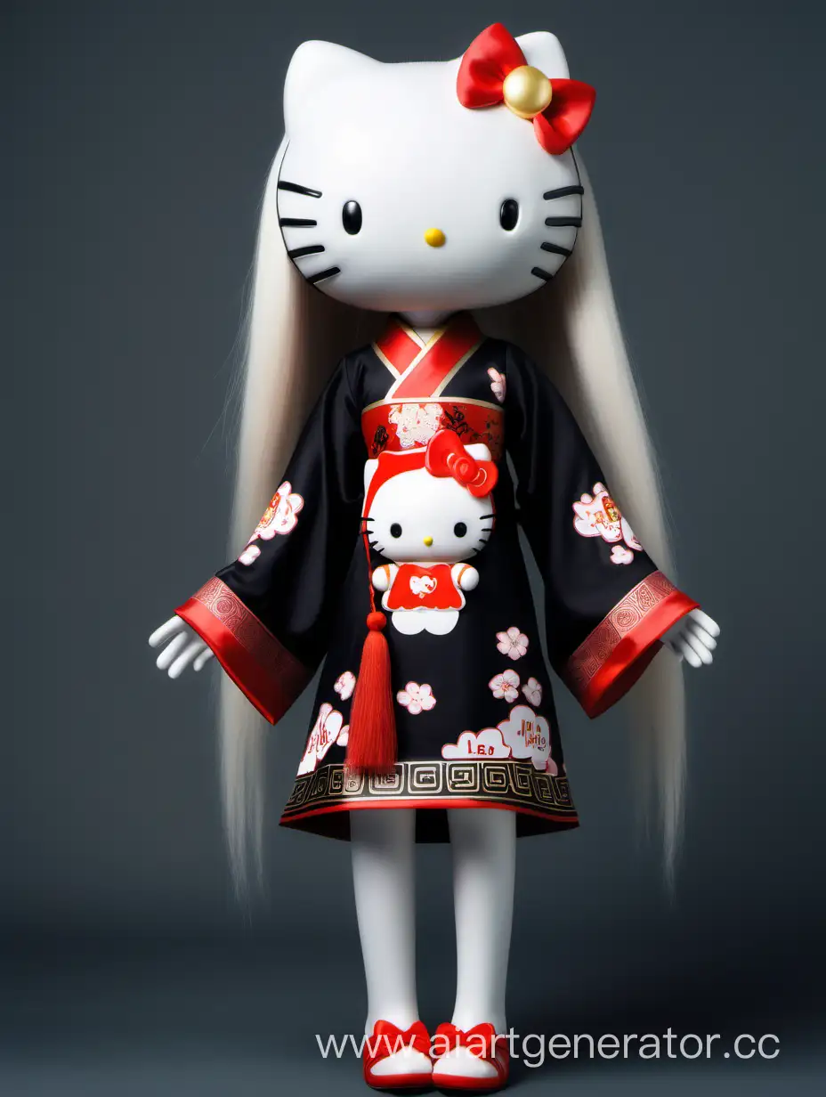 thin humanoid Hello Kitty with long legs, fair hair and eyelashes, posing in black chinese dress