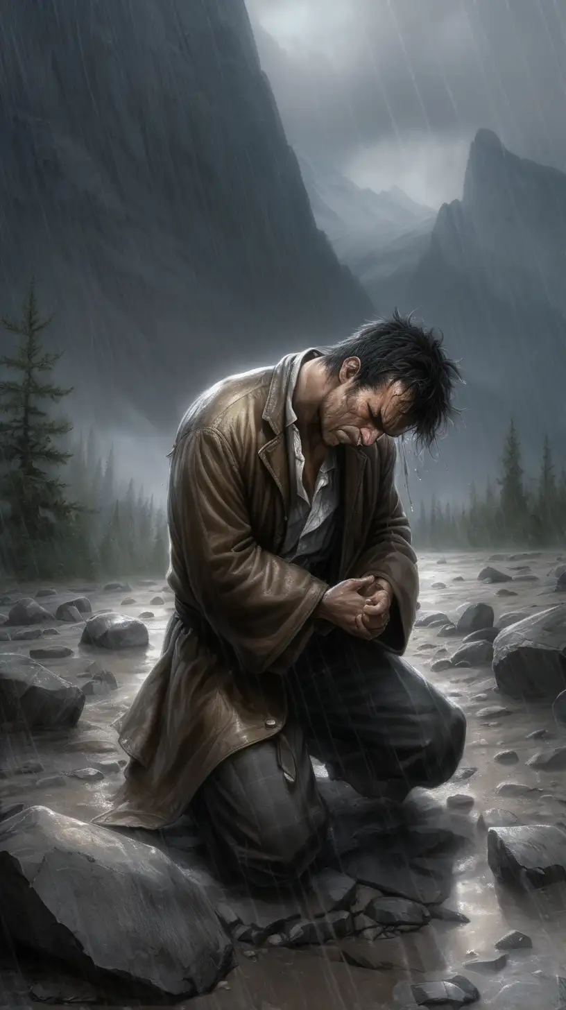 a man on his knees, he looks upward in despair, his clothes are battered and torn, rain beats down, the surroundings are dark and dreary, the floor is all rocks, large rocky mountains surround him