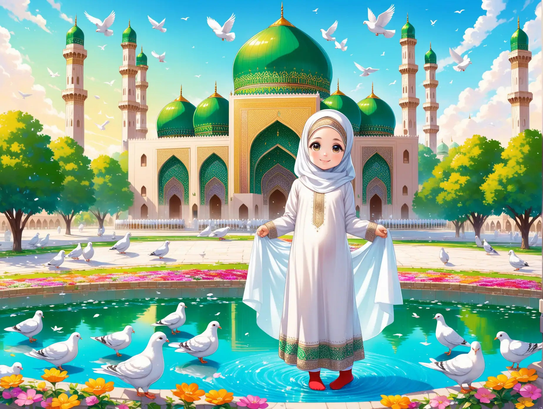 Character Persian little girl(full height, Big white flag in one hand proudly, Muslim, baby face, with emphasis no hair out of veil(Hijab), smaller eyes, bigger nose, white skin, cute, smiling, wearing socks, clothes full of Persian designs).

Atmosphere beautiful Jamkaran mosque, yard, green dome, colorful flowers, pond with water fountain, many pigeons, nobody.
