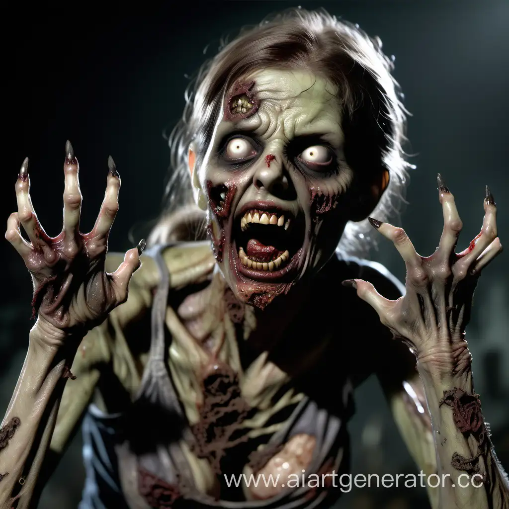 "Generate a detailed description of a photorealistic image of a zombie woman. The woman has two hands, each with five fingers and overgrown nails that are sharp and resemble claws. Her mouth is open, revealing crooked and discolored teeth that are reminiscent of a predator's fangs. She is wearing tattered and dirty clothing. Her legs also have long, dirty nails. The only motivation for this zombie woman is her hunger."
