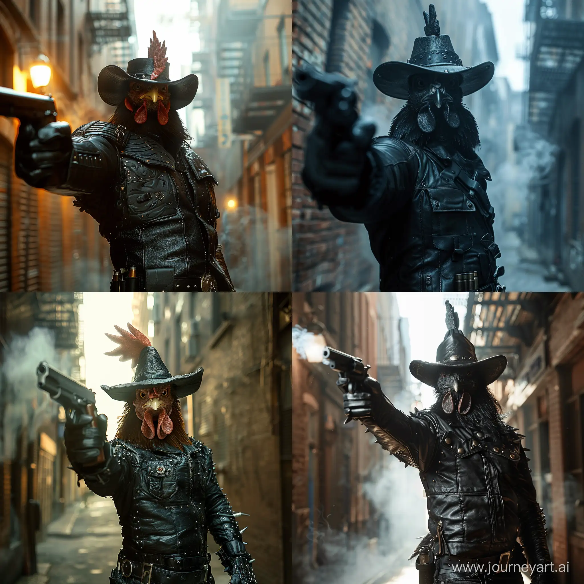 Photo of anthropomorphic rooster, wearing black leather bandit gear, hat, pointing a gun towards the camera, metropolis alley, smoke effect, backlighting --stylize 250 --v 6