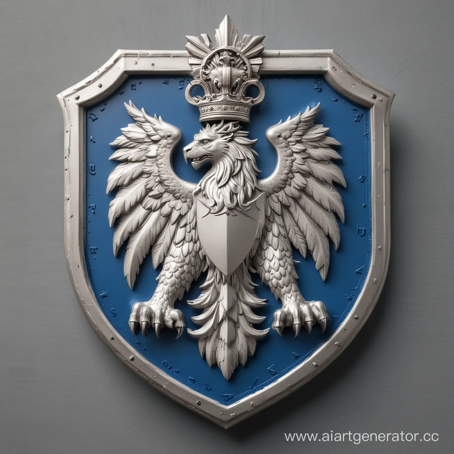 эмблема государства в виде синего щита, а внутри серебряный грозный Грифон (полулев полу-орел) . в стиле максимального минимализма. Вне щита ничего не должно быть