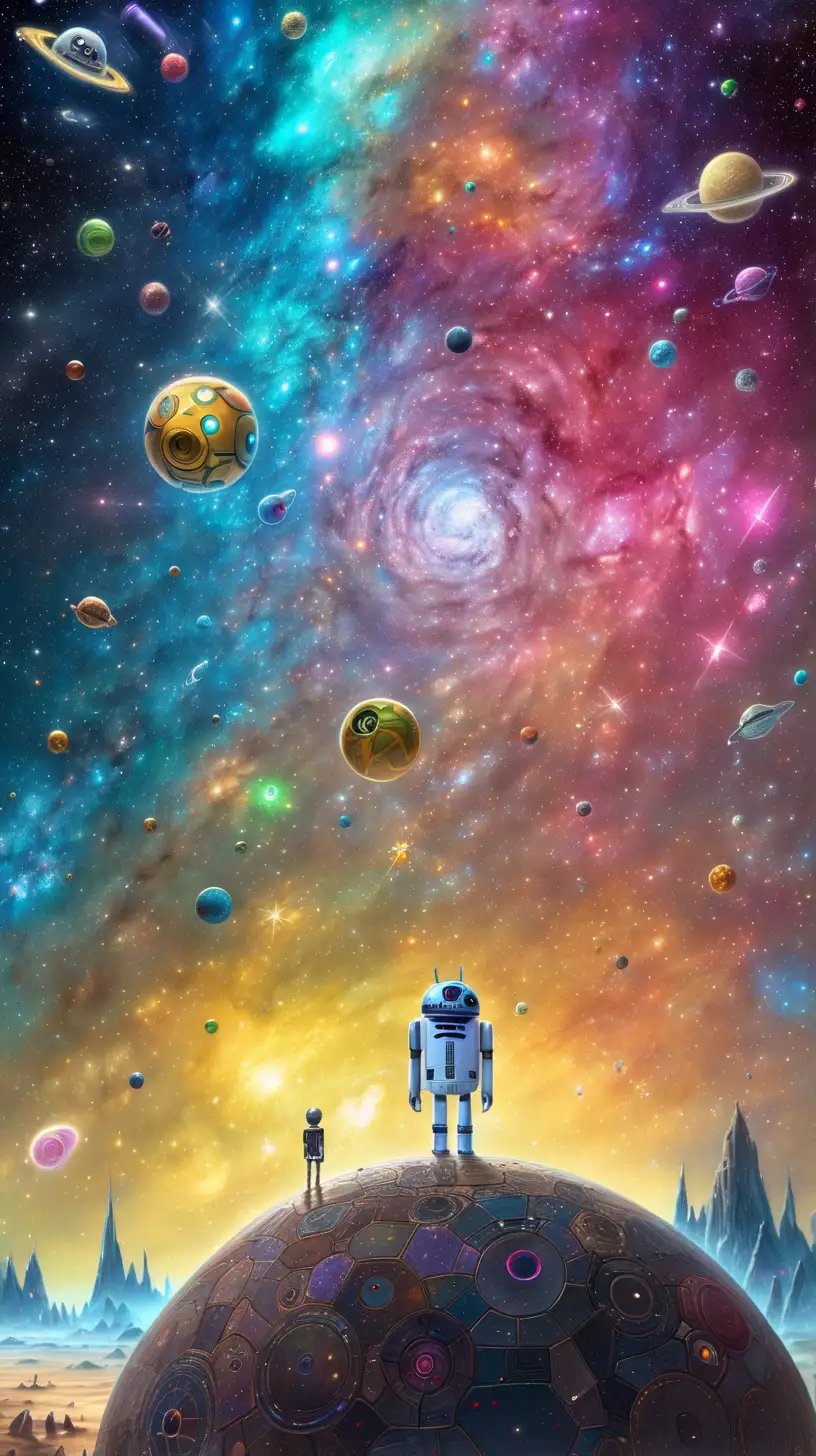 A droid contemplates the universe, the art style is like adventure time and world of warcraft and star wars, the universe in the background with colourful galaxies