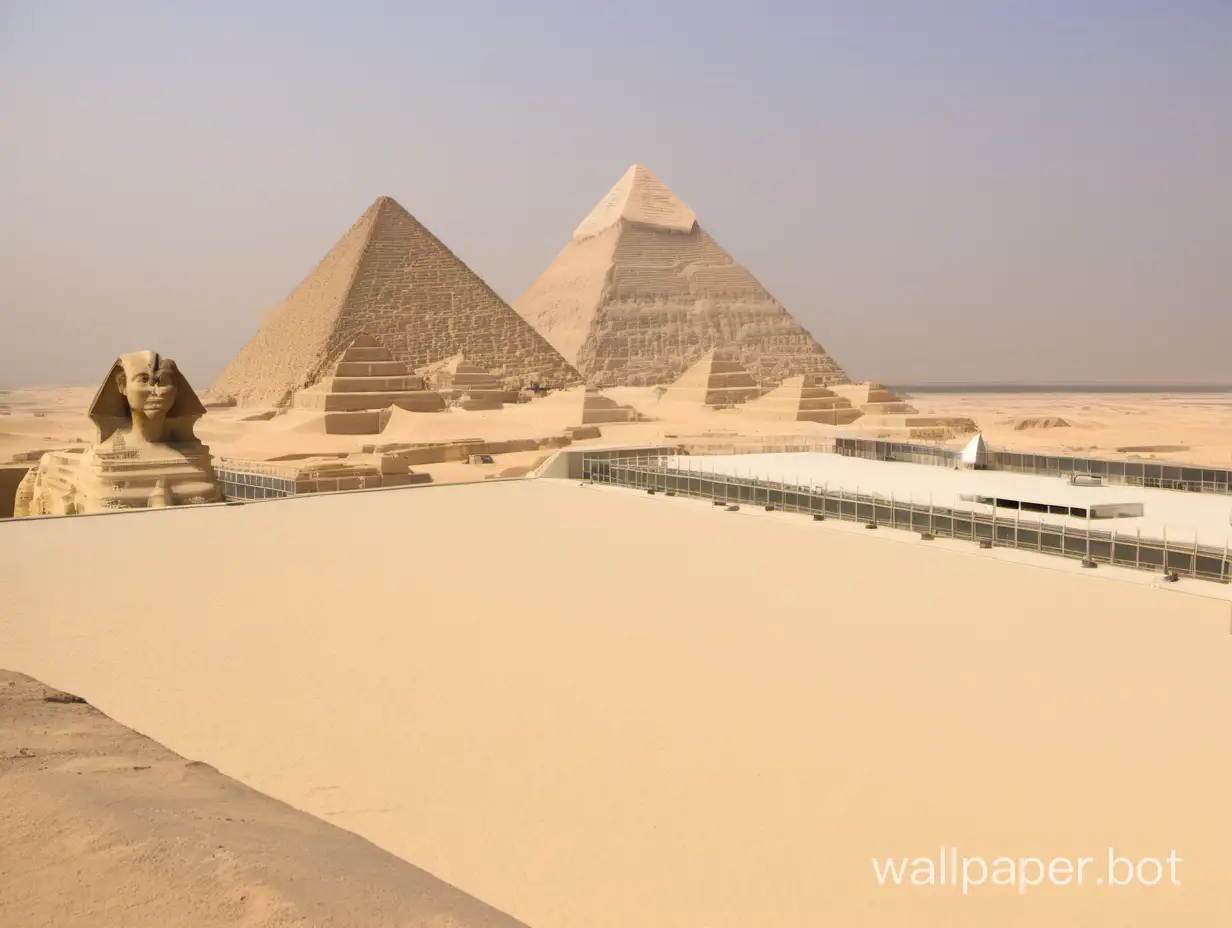 Observation deck, Egyptian desert, 3 pyramids and Sphinx, clean, empty