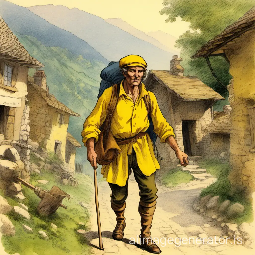 a middle-aged man, strong, a leather cap on the head, is entering a village in the middle mountains. He wears a strong wooden stick and a backpack. His yellow shirt slightly shows hair on his chest. Nineteenth century in France.