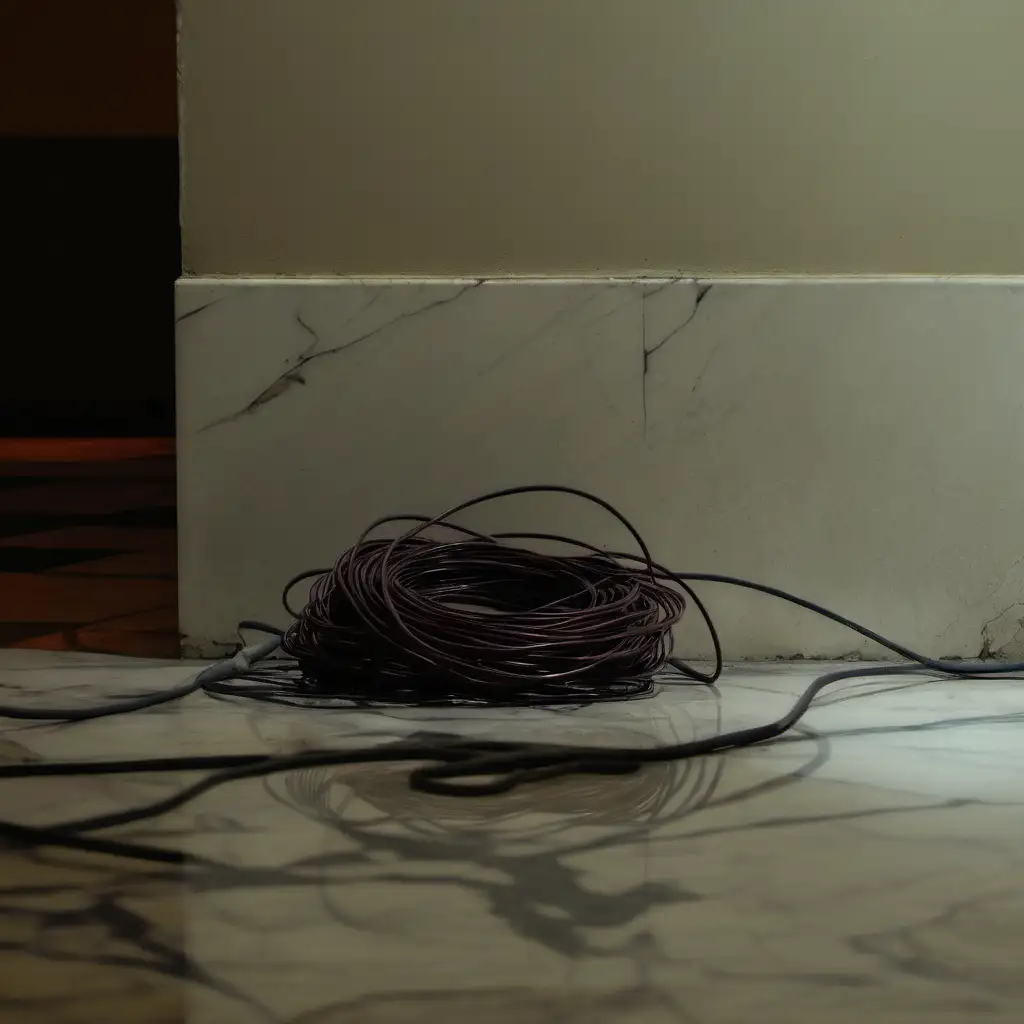 short length of old wire lying on marble floor in dark hall