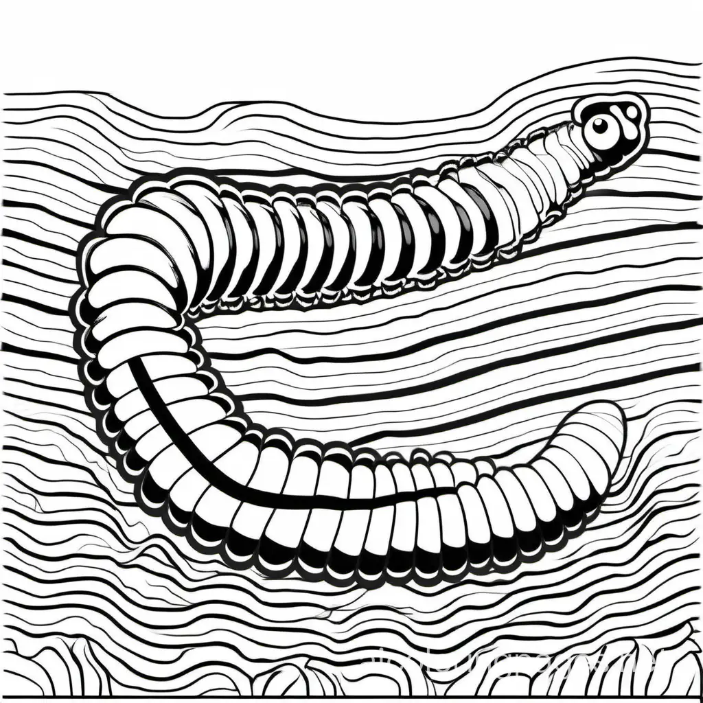 millipede on dirt, Coloring Page, black and white, line art, white background, Simplicity, Ample White Space. The background of the coloring page is plain white to make it easy for young children to color within the lines. The outlines of all the subjects are easy to distinguish, making it simple for kids to color without too much difficulty