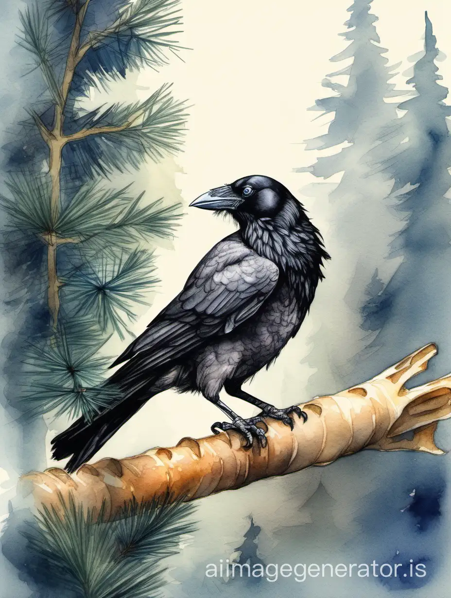 Watercolor sketch. A hooded crow is sitting on a branch of a fir tree. The crow has a piece of cheese in its beak. An epic cinematic painting, brilliant, stunning, intricate, meticulously detailed, dramatic, atmospheric, maximalist digital matte painting. Aerial watercolor.
