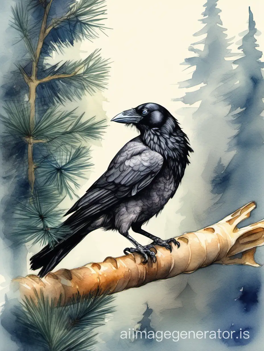 Hooded-Crow-with-Cheese-Cinematic-Watercolor-Painting-of-Crow-Perched-on-Fir-Tree-Branch