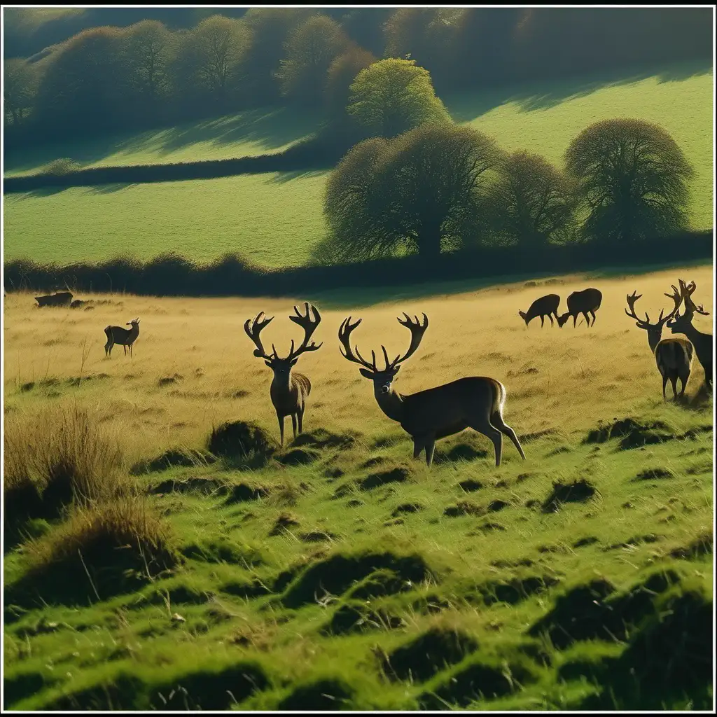 Stately Stag Leads Deer Herd in Idyllic English Countryside Grazing Scene