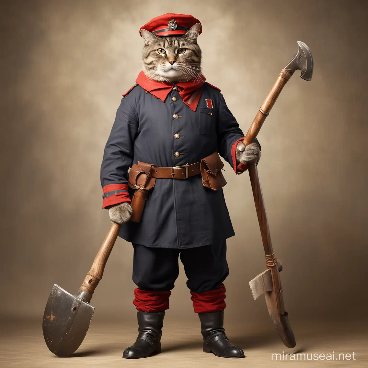 a very big anthropomorphic cat in 1920s, dressed as a fireman, brandishing an axe