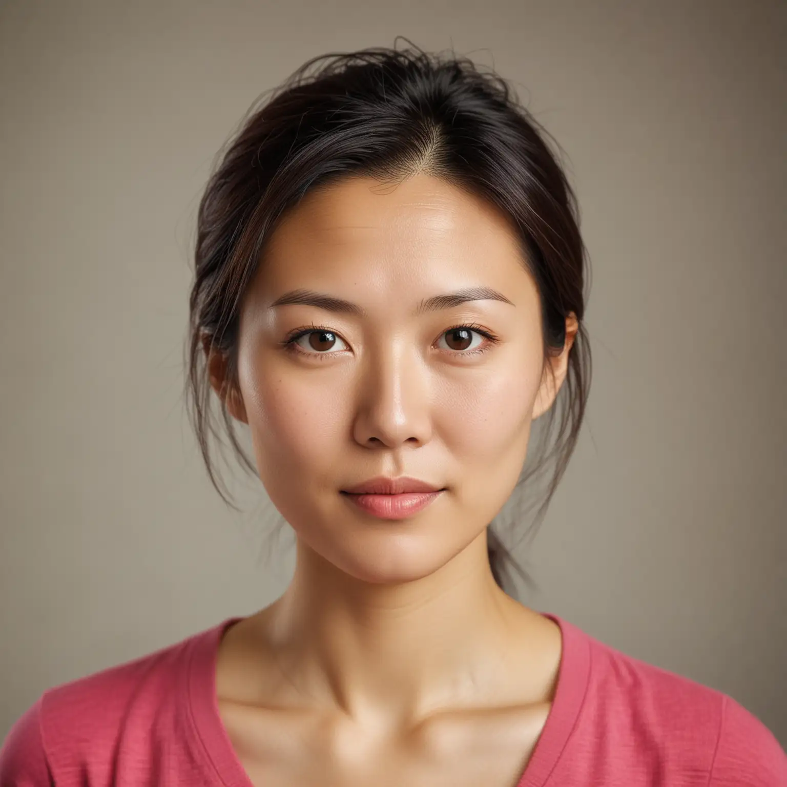 Portret van een Chinese vrouw, 35 jaar. Kijkt recht in de camera. 