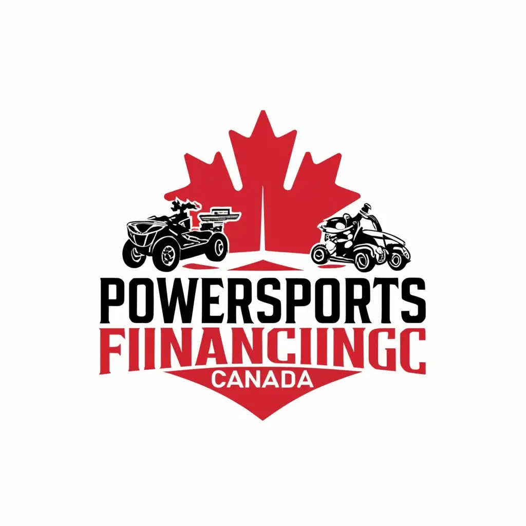 a logo design,with the text "POWERSPORTS FINANCING CANADA", main symbol:Maple Leaf., ATV, Boat, Motorcycle on the left text on the right,complex,clear background