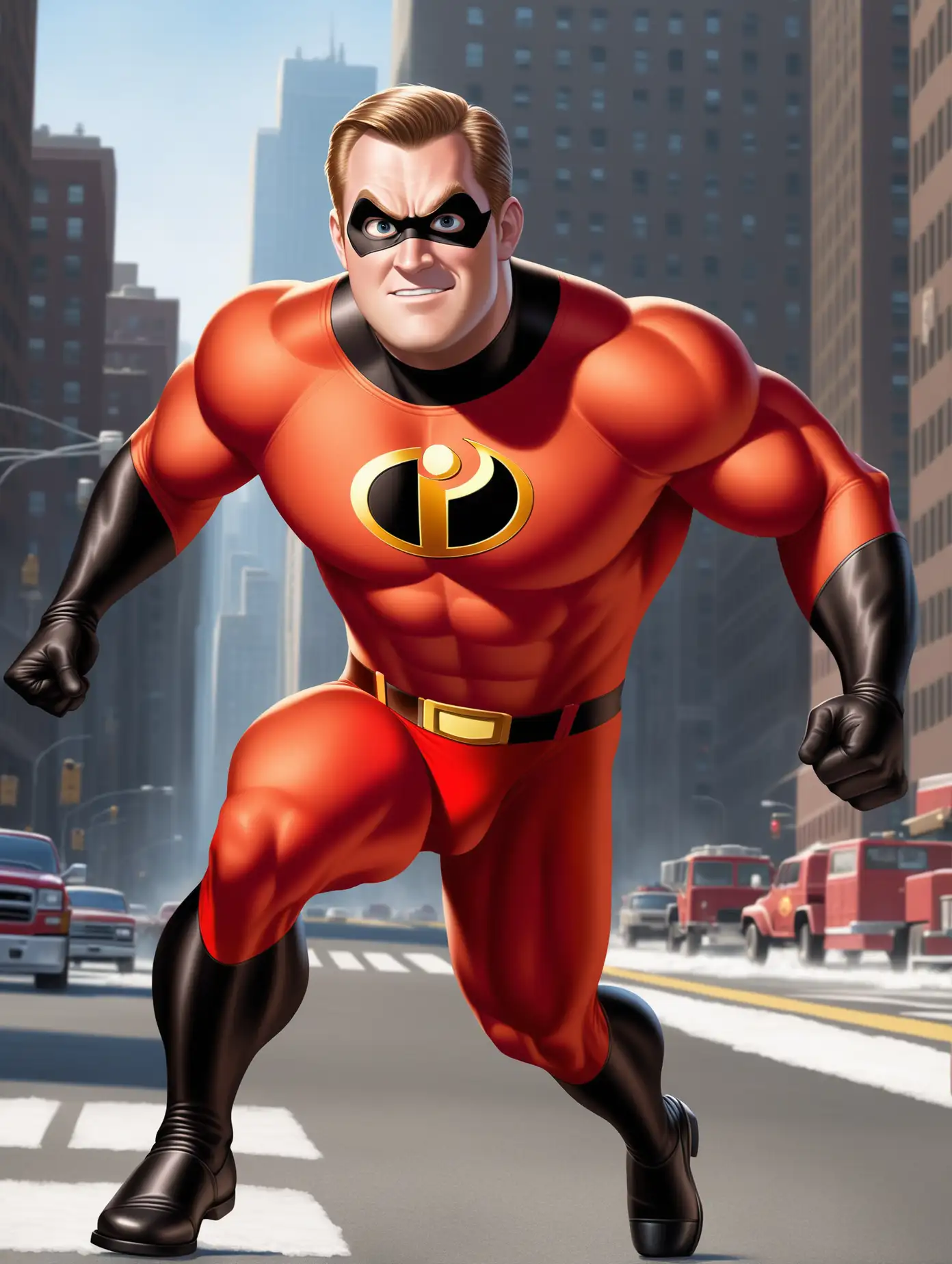 Mr. Incredible (the incredibles) in live action, realistic digital art, face of realistic, face of realistic, hyper realistic

