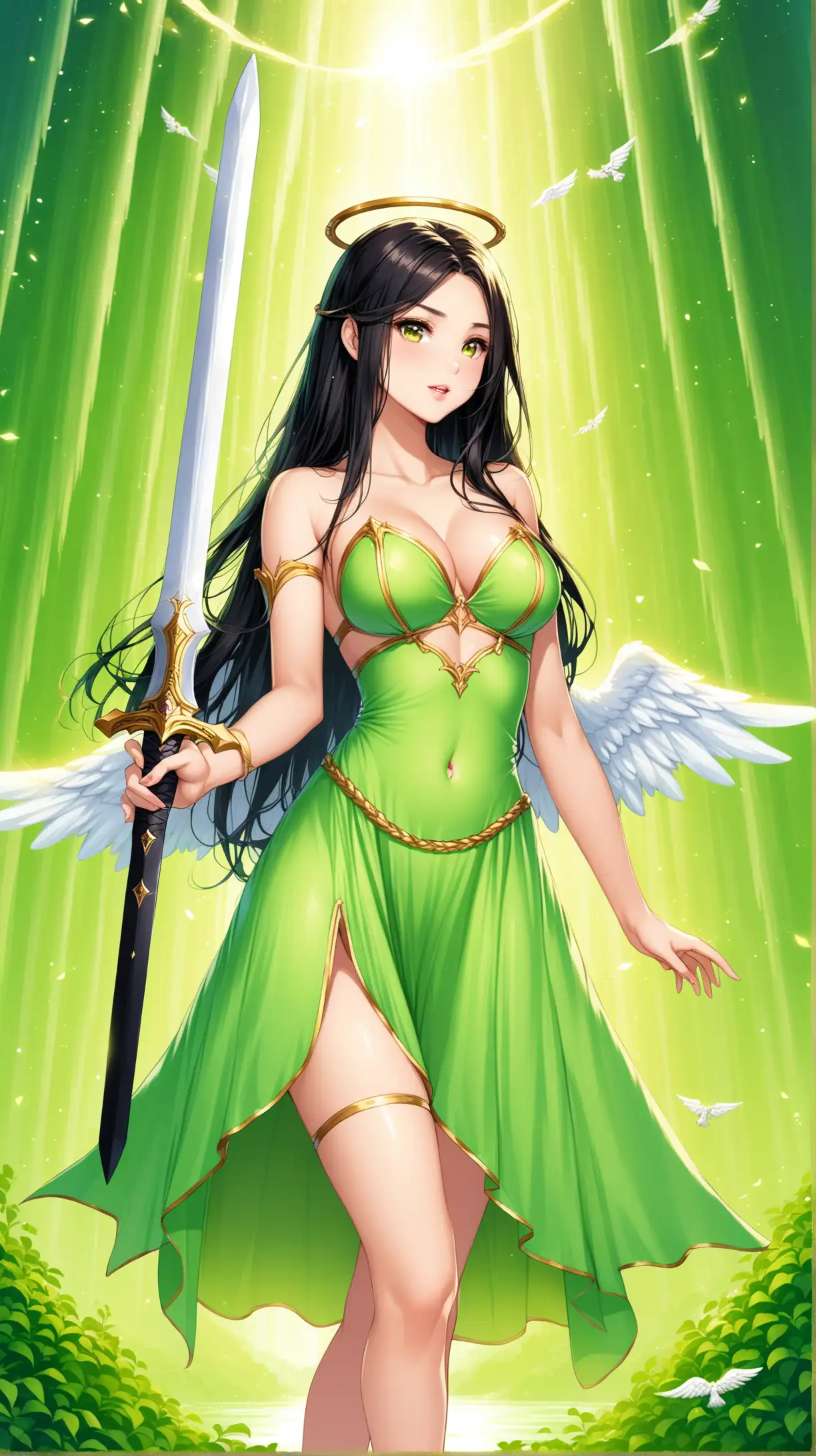 Sexy women carry sword , angel costume, playful, black long hair,light brown eye, light green short sexy dress, fantastic background .
