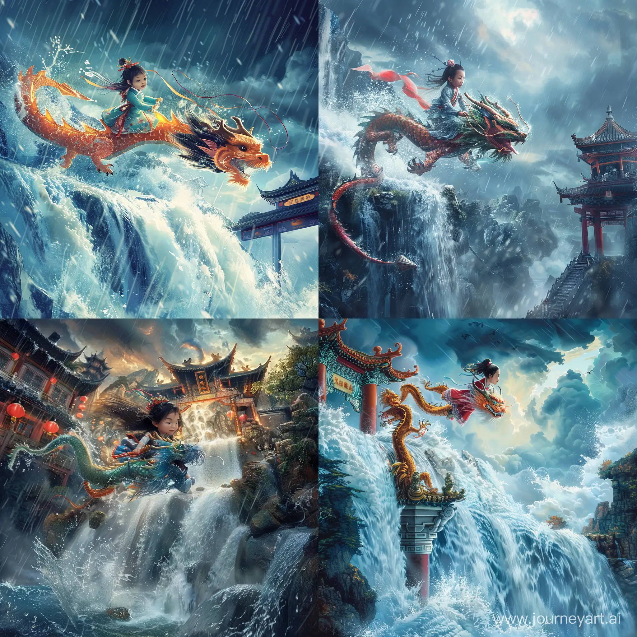 A little Chinese girl rides a Chinese dragon and flies over the waterfall towards the dragon gate in the stormy college weather