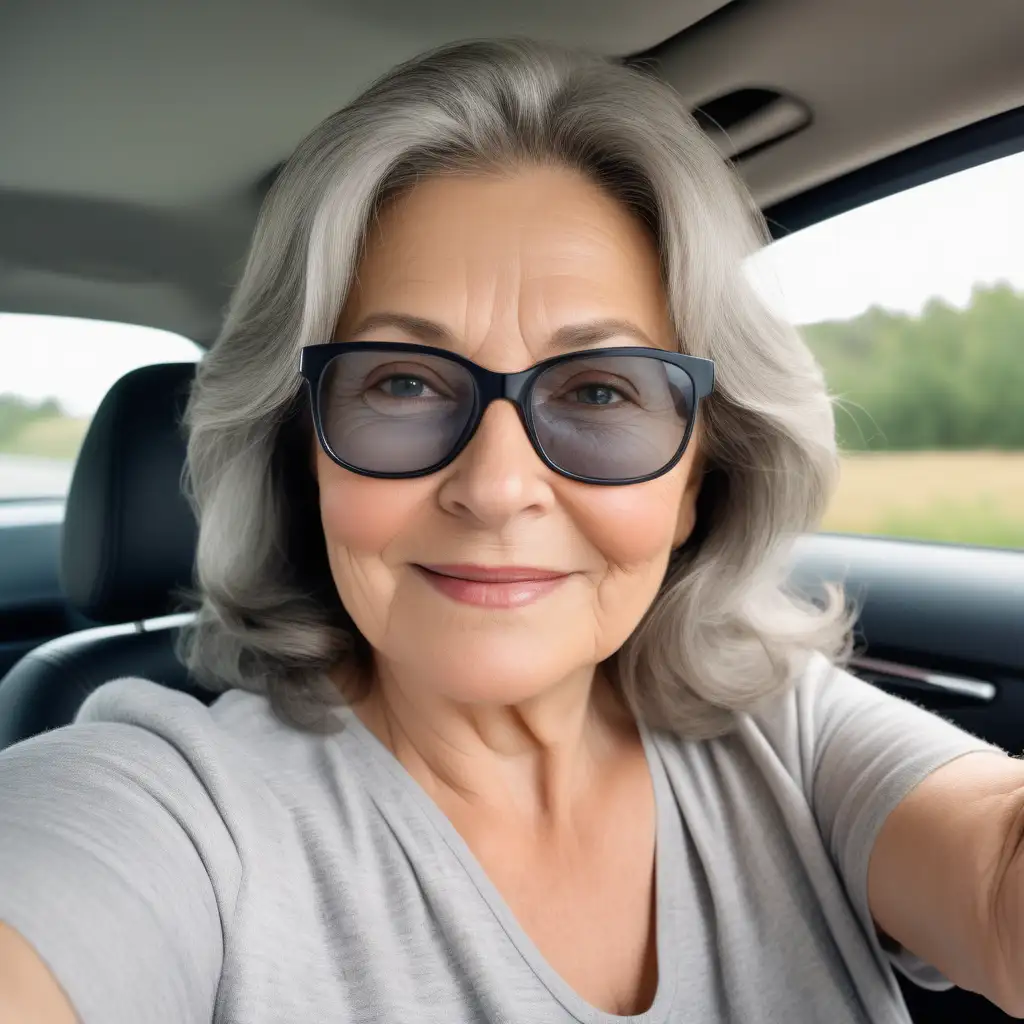 a beautiful woman in her 60s. She's looking very natural although uses a foundation for her face. The foundation compliments her very well. She has wrinkes on her neck. She is making a selfie in her car. Her face is a bit round, she has slightly chubby cheeks, hair is long with shades of gray.