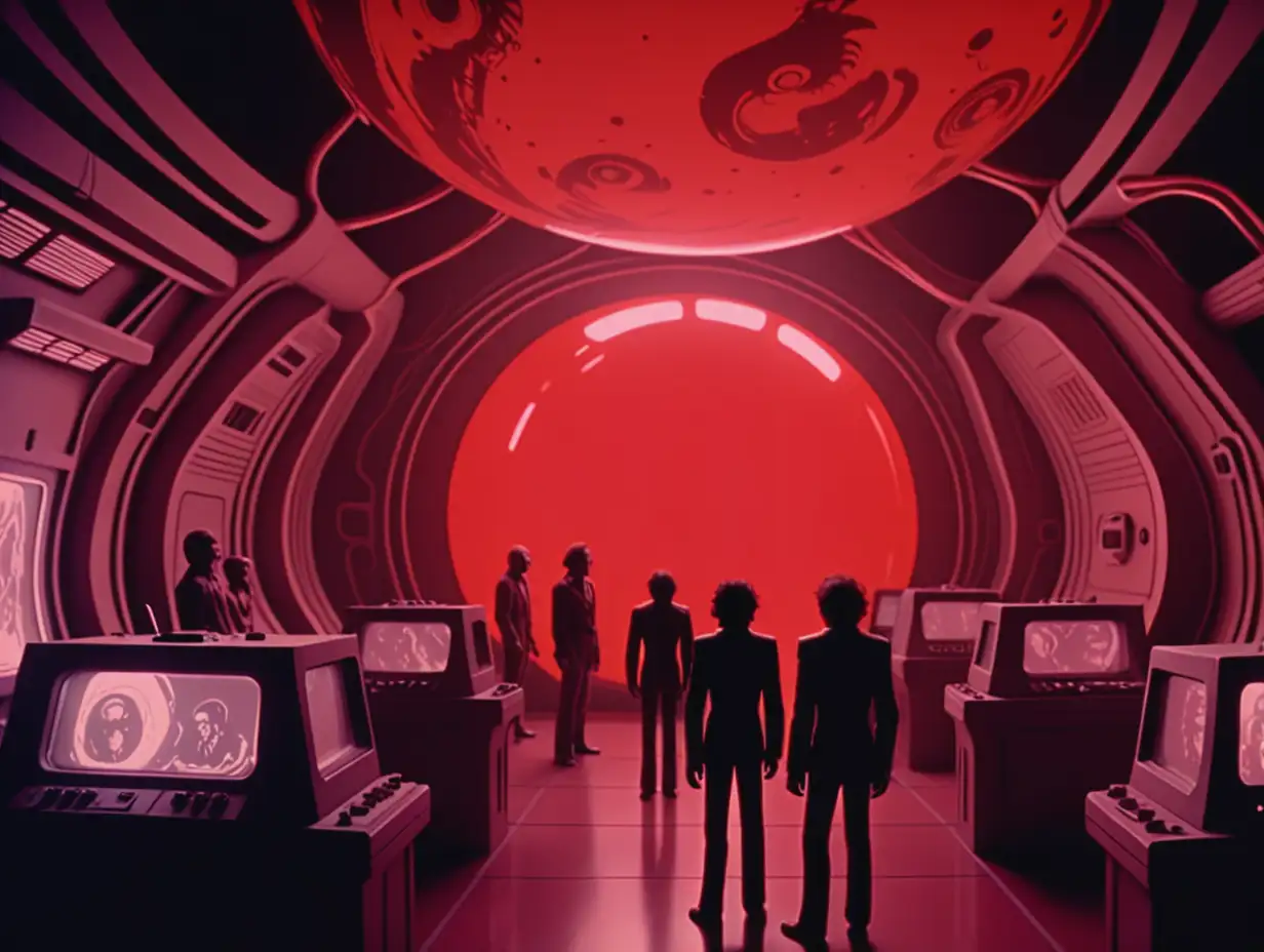 Retro SciFi Scene Tim Burtonesque Game Conversation in Red Hue