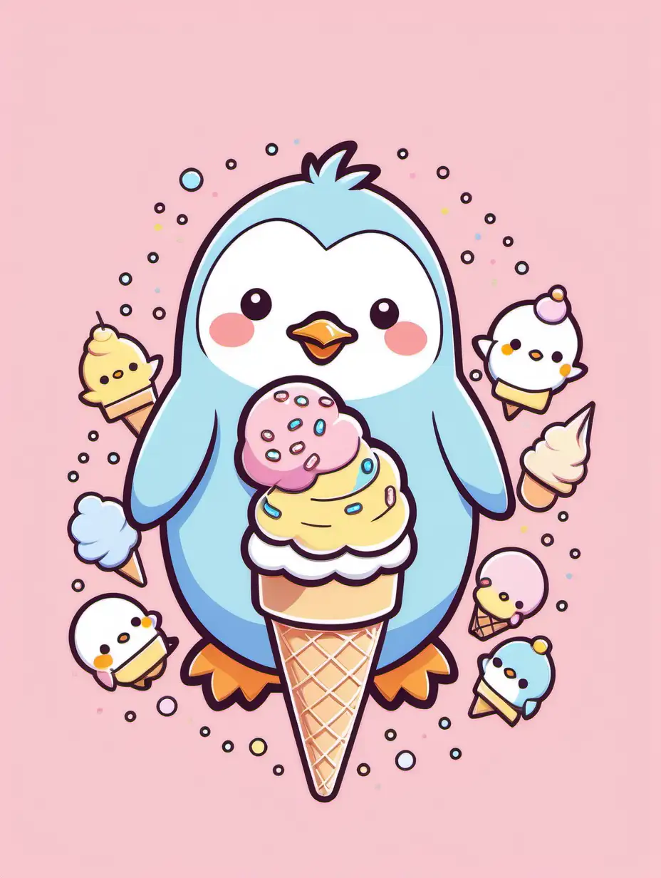 /imagine prompt: STYLE: flat vector illustration | SUBJECT: a sleepy penguin eating an ice cream with sprinkles on it | AESTHETIC: super kawaii, bold outlines | COLOR PALLETTE: pastel | IN THE STYLE OF: Sanrio, Gudetama and Lotte --niji 5