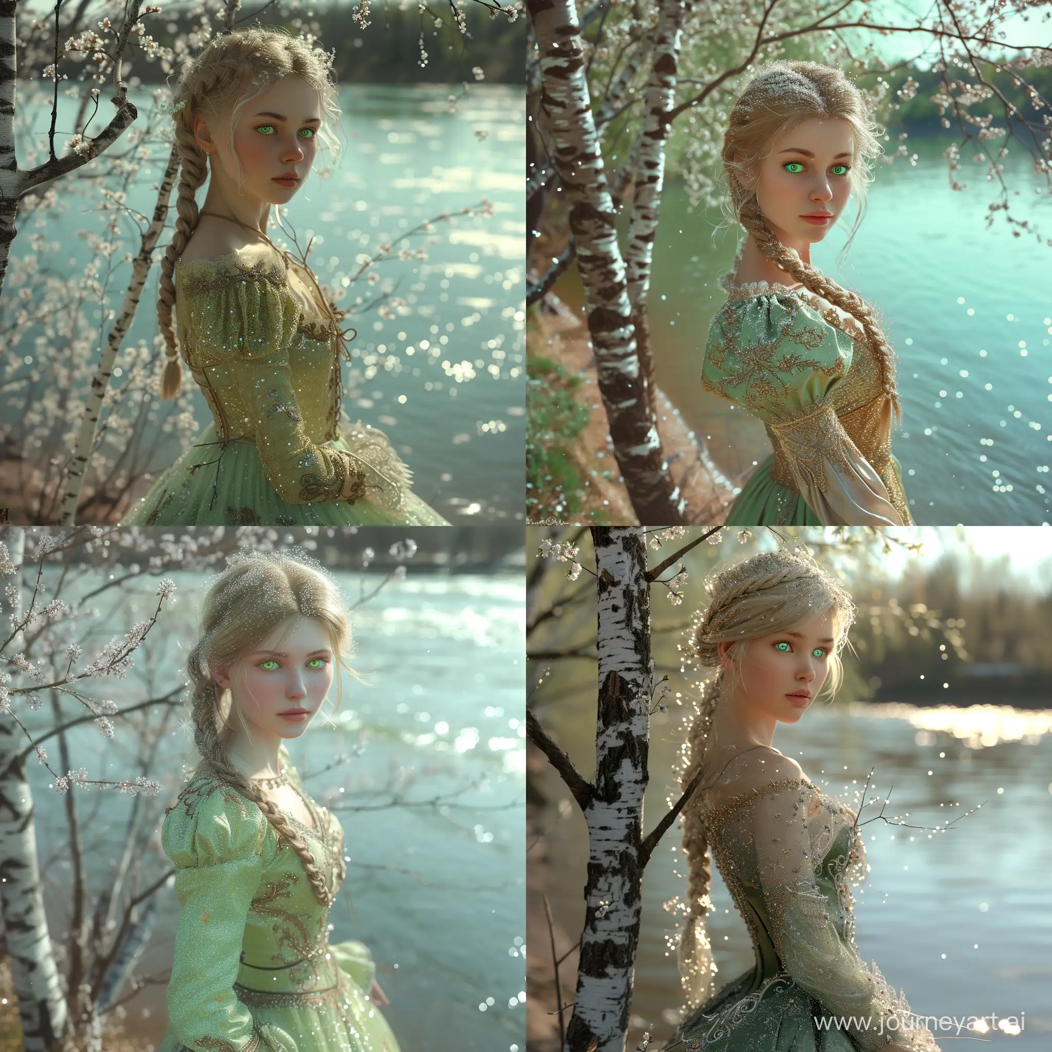 the girl is perfect, perfect, sweet, blonde hair braided, light green expressive eyes, in a luxurious dress of the 18th century. spring green color, stands on the riverbank by a blooming birch tree, transparent hologram, fairy-tale character, fantasy, soft light, glitter, beautiful, 9d, realistic, 64k, high resolution, high detail, hyperrealism, 300dpi, highly detailed digital painting, realistic, f/19, sparkling snow