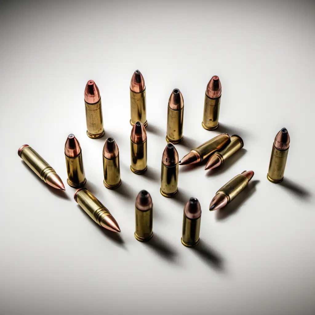 Assorted Ammunition Scattered on White Background