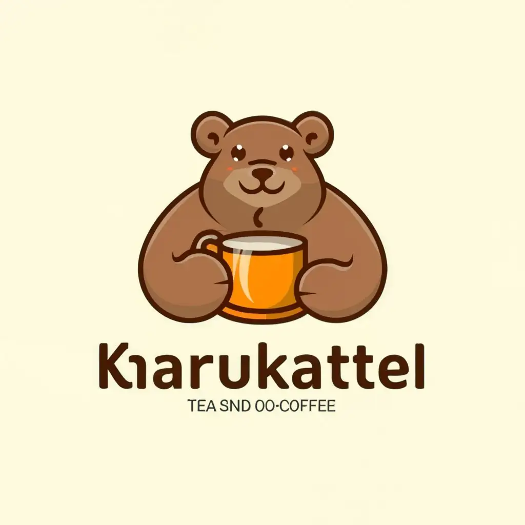 a logo design,with the text "Karukatel", main symbol:a cartoon style bear holding a tea or a coffee cup,Moderate,clear background