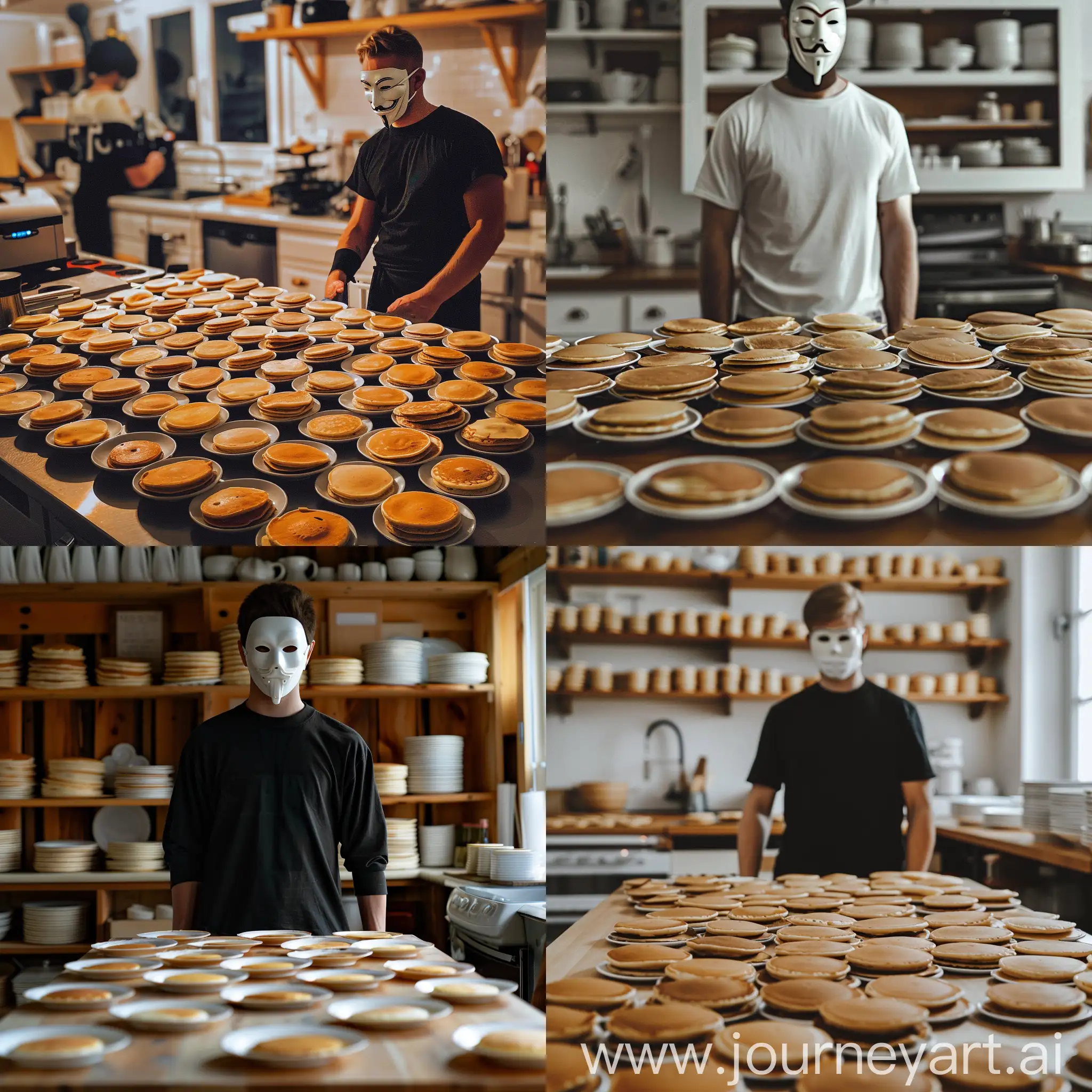 a man in an anonymous mask in a nice kitchen, in front of him a lot of plates of delicious pancakes on the table