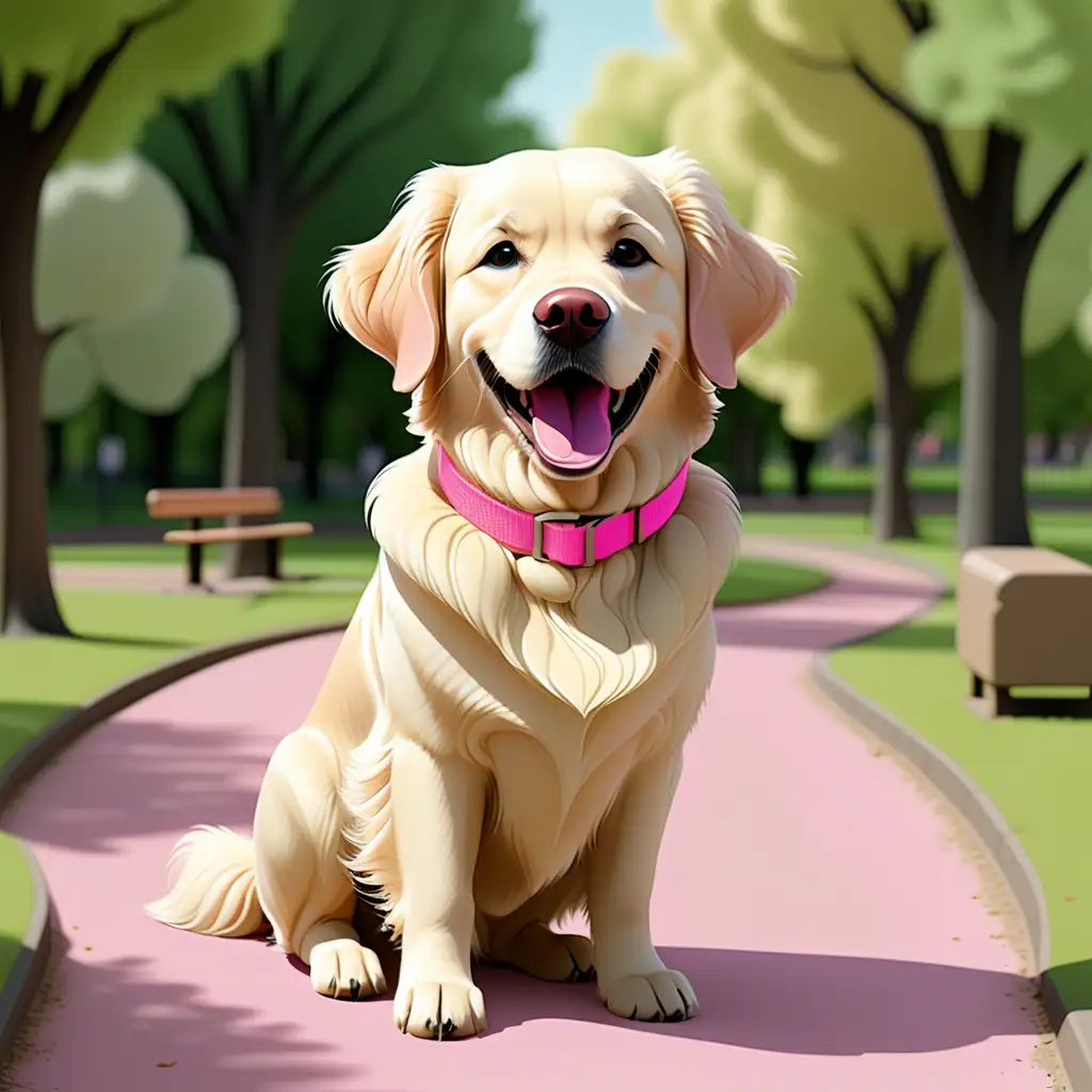 an illustration of cream colored golden retriever wearing a pink collar in a park with trees and a walking trail