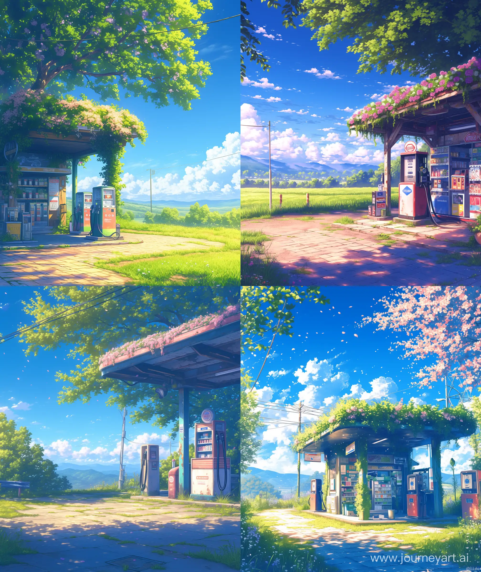 Beautiful anime scenary, Ghibli style,  old gas station with convenience store, grass , "flower cover gas roof ", countryside walk way, beautiful view, illustration, morning time, trees around gas station, morning time, Ultra hd, sharp details,high quality, no hyperrealistic --ar 27:32 --s 400 --niji 6