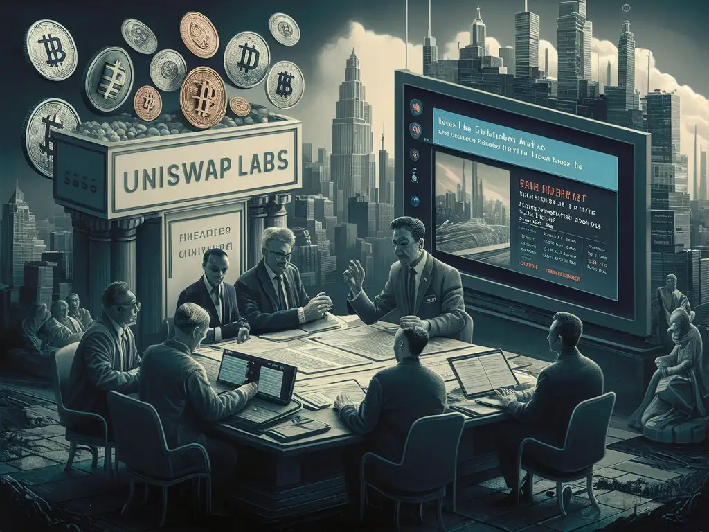 Craft an image depicting the Securities and Exchange Commission (SEC) taking action against Uniswap Labs, a decentralized cryptocurrency exchange. Showcase the regulatory environment with SEC officials, Uniswap representatives, legal documents, and digital assets, illustrating the evolving landscape of decentralized finance (DeFi) and regulatory oversight.