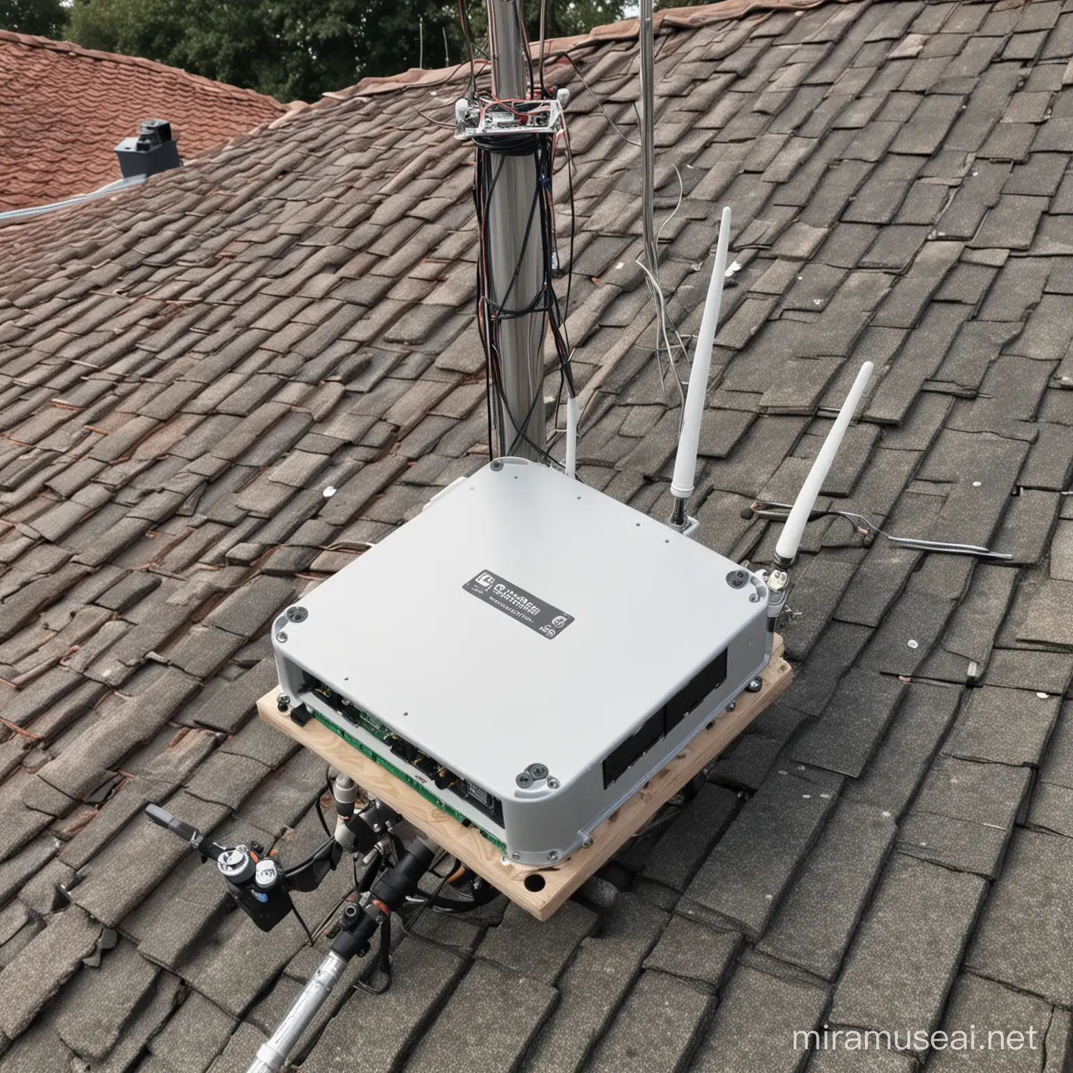 create a picture for me for an advert showcasing my 2.4ghz omni wifi antenna connected to a routerboard R433 board within an enclosure and fixed to a pole on top a roof