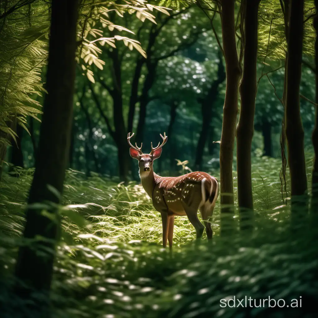 Deer in the forest, viewed from behind with intricate details, nestled amidst the lush greenery, the setting enriched by the dappled sunlight filtering through the trees, Fujifilm XT3, setting adjusted for high detail and soft lighting, creating a film grain effect.