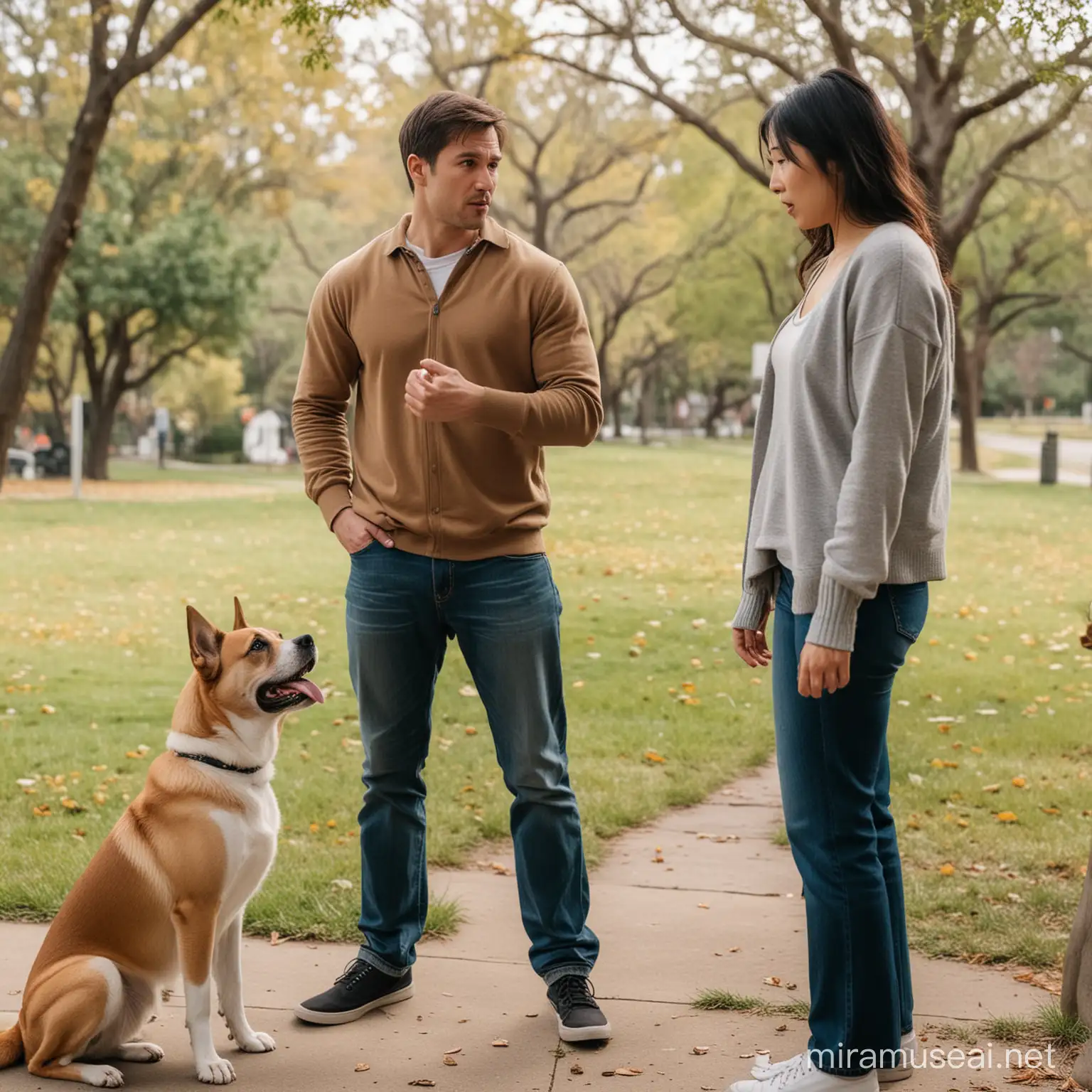 An attractive caucasian man and attractive asian woman  are arguing from about 5 feet apart. Both are approximately 30 years old.  Both look sad and upset. Their dog is nearby and seems uneasy because of the arguing.
