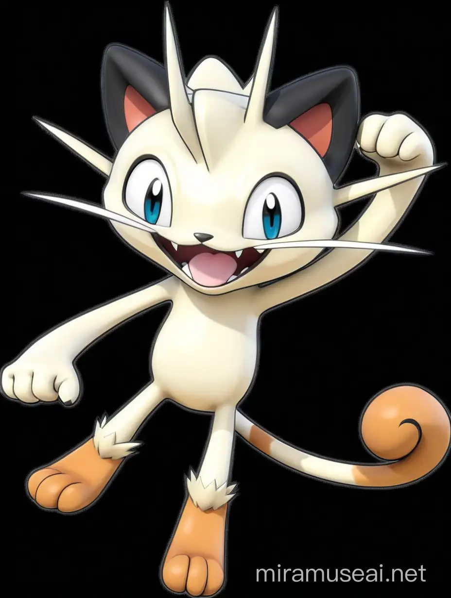 Create a 3D model of Meow, a smart Pokemon from the R team, This model should convey by itself he is strong but at the same time a cunning mind in digital implementation. Use airbrushing techniques to achieve a photorealistic effect, highlighting every feature of its funny essence.