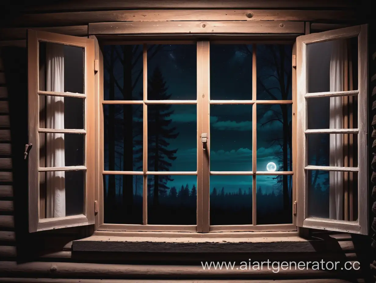 открытое окно у старого страшного деревянного дома в лесу страшной ночью
