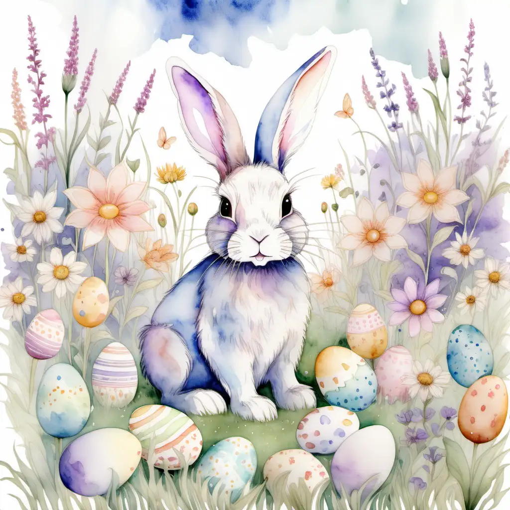 Watercolour Easter bunny in flower field delicate intricate pastels