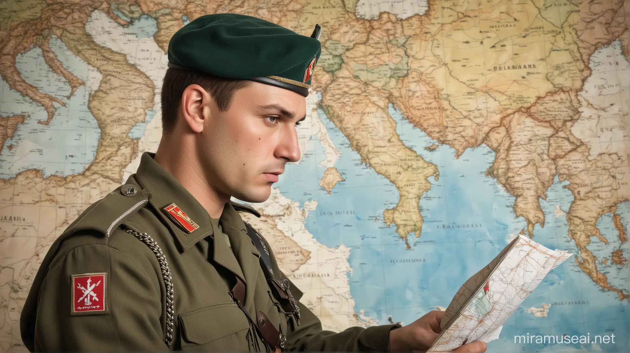 Russian soldier, dressed as a military man, he is looking at a map with Greece, Albania and the Balkans, 21st century, profile.