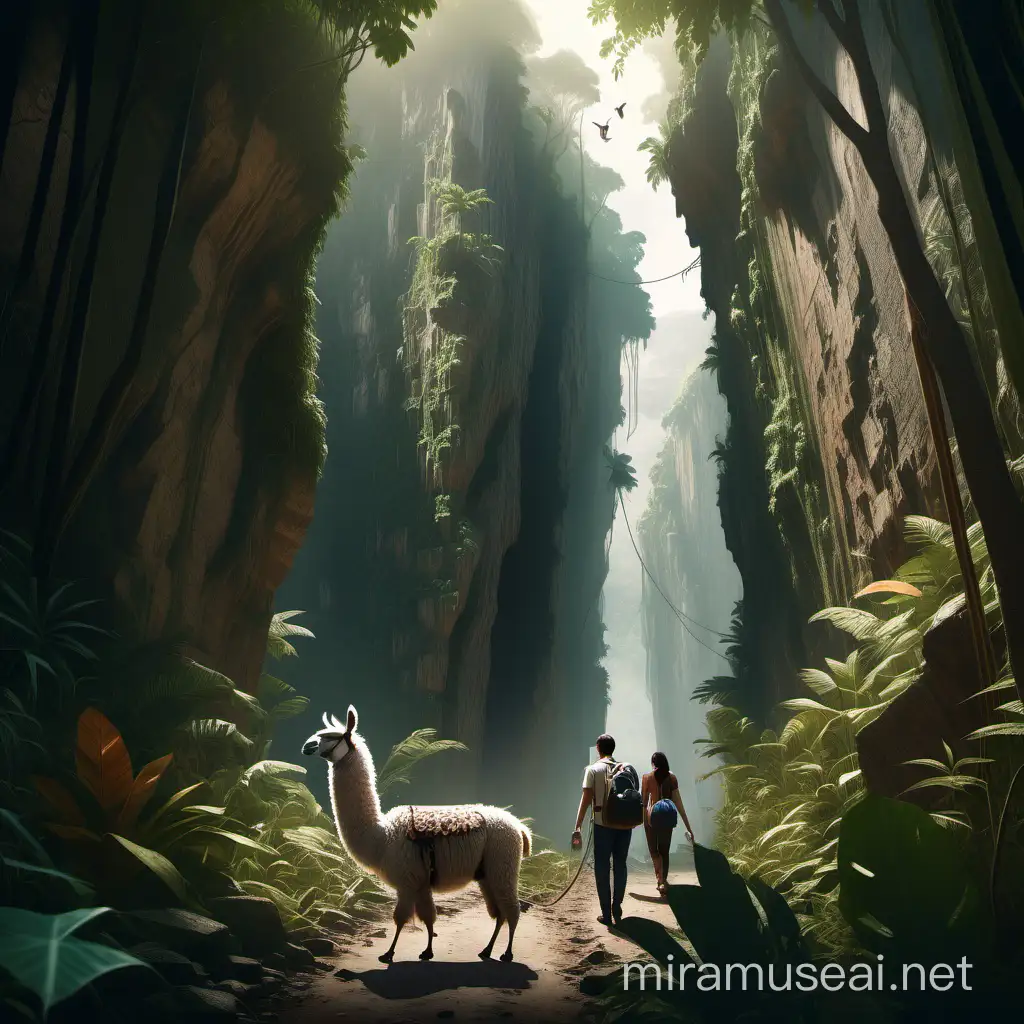 a human is guiding a llama through a safe path in a jungle with cliffs and wild animals hidden