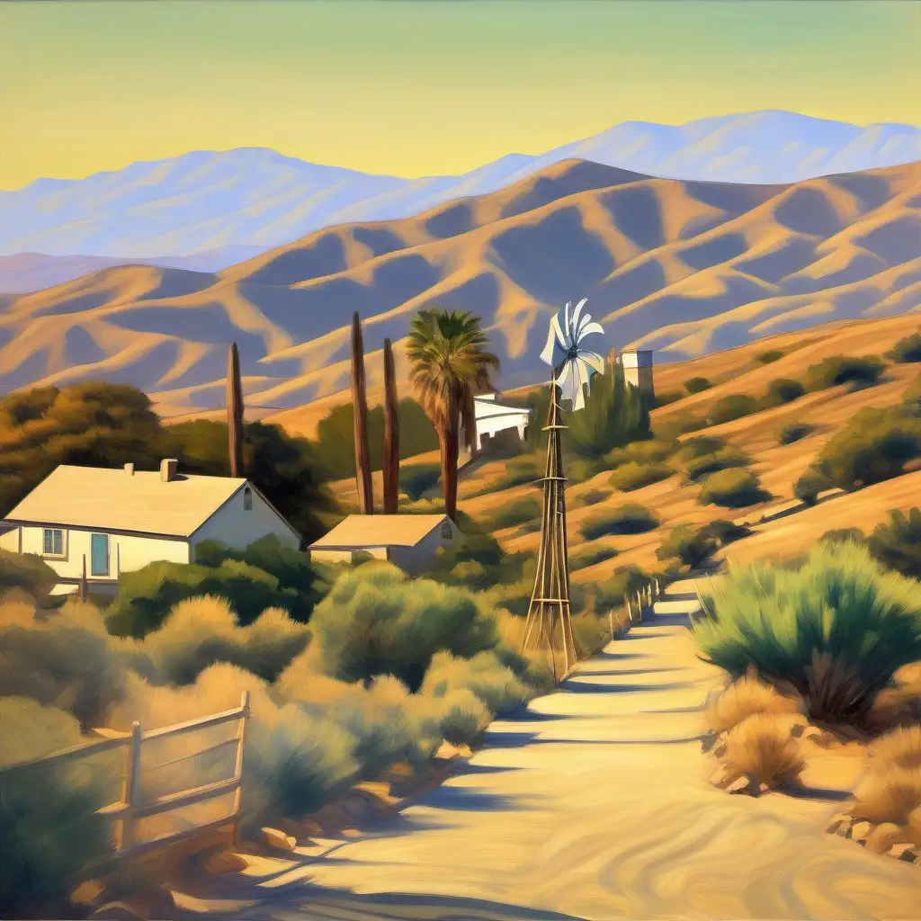 southern California landscape with detail in style of manet with hills in distance, winding sandy road, a desert windmill on homestead property late afternoon lighting