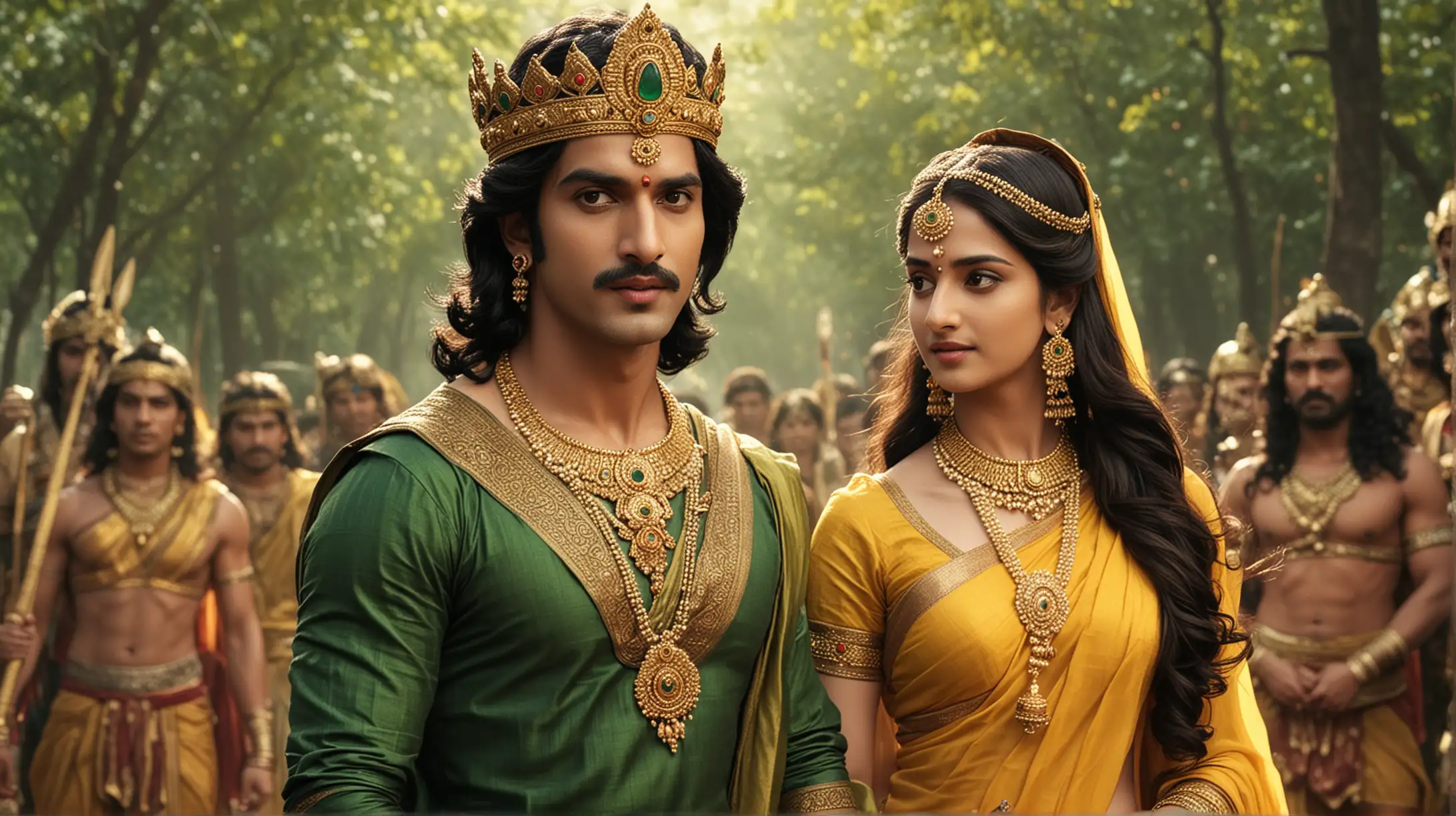 Generate male king shantanu in dark green outfit and female queen satyavati in yellow outfit in Mahabharata