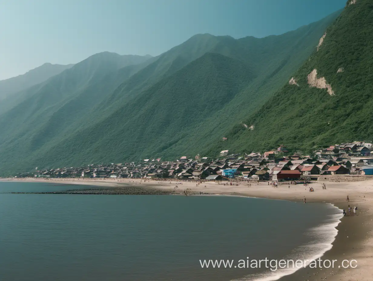 Picturesque-Coastal-Landscape-with-Mountainous-Backdrop-and-Quaint-Village