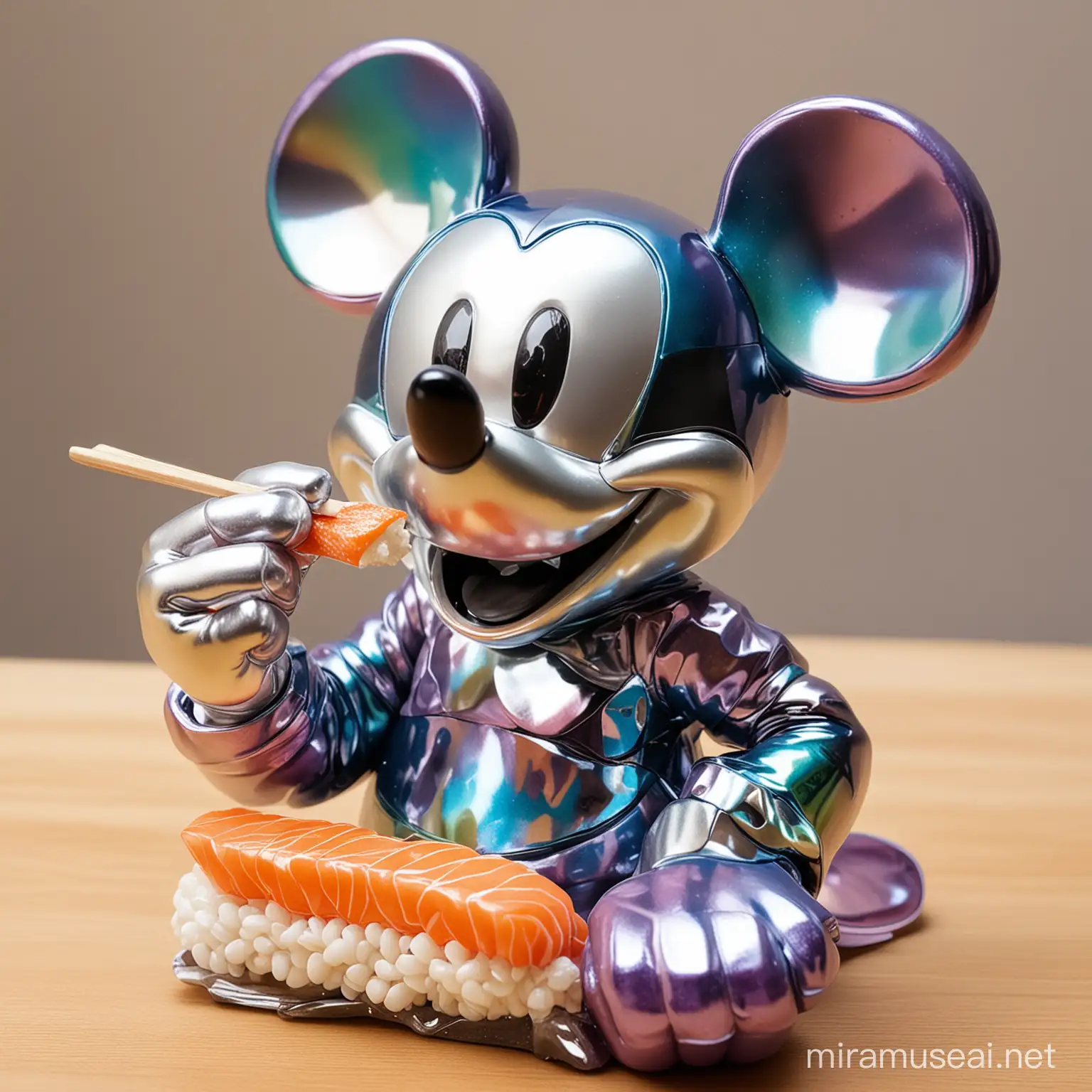 Produce a picture of a shiny strong iridescent Mickey mouse sculpture eating Sushi 