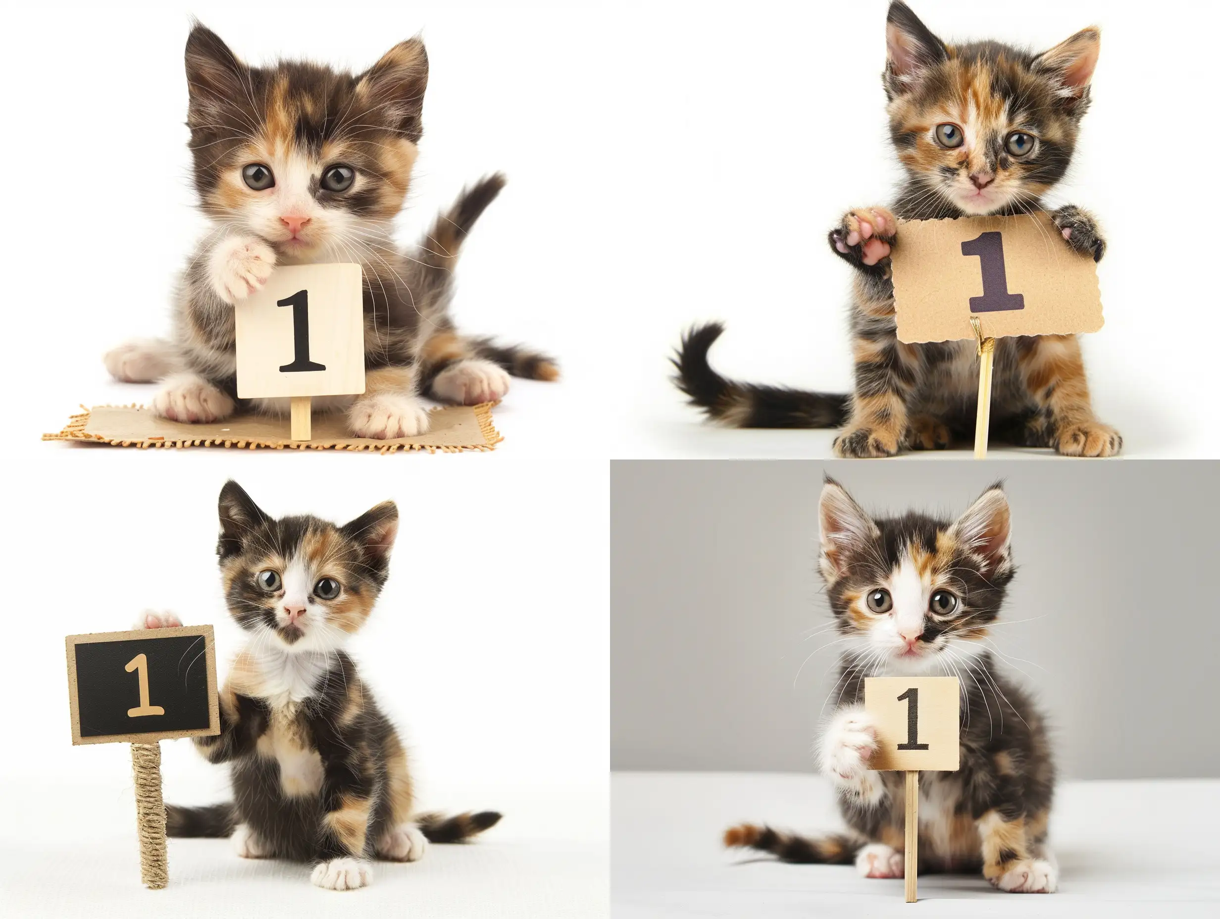 a small calico kitten holding a sign with the number 1
