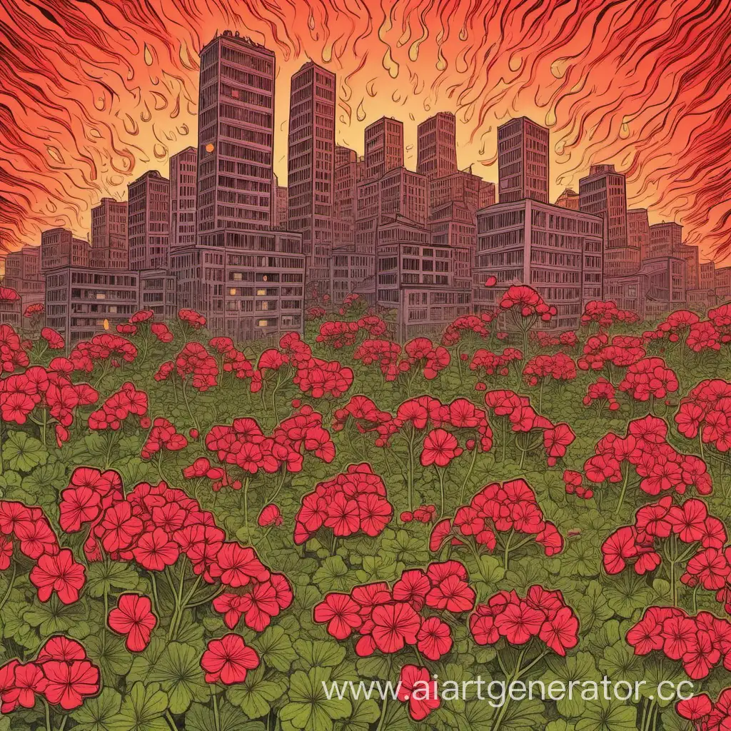 burning city, onto which geranium flowers fall