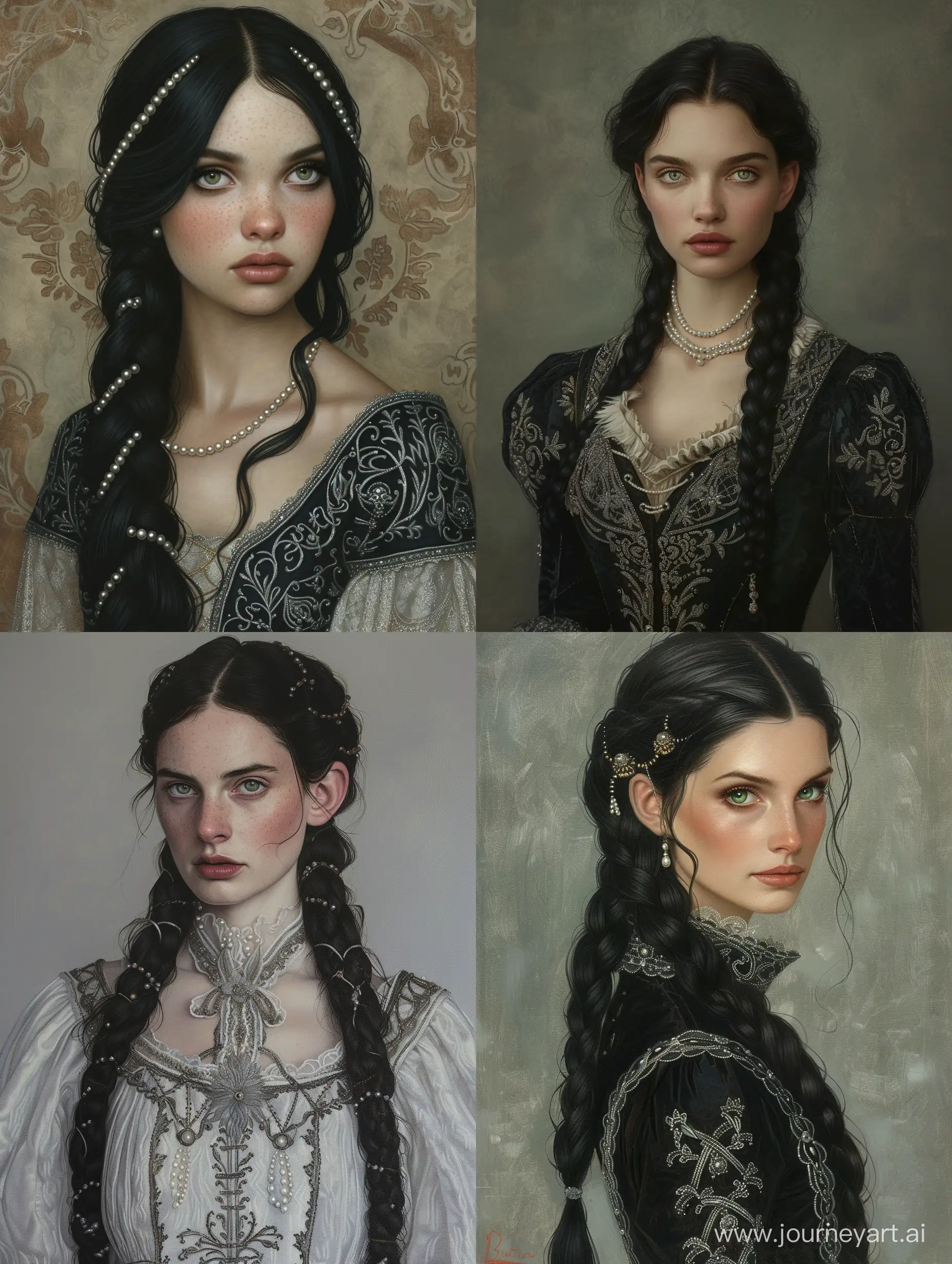 Elegant-Duchess-with-RavenBlack-Hair-and-Intricate-Silver-Embroidery-in-Oil-Portrait-Style