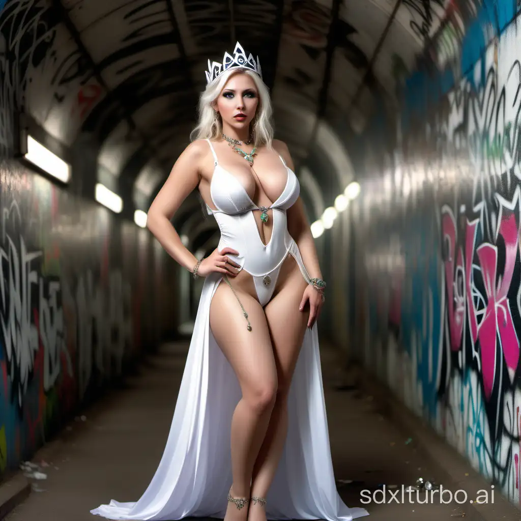 a short, busty elf princess in a white revealing deep v lingerie royal dress posing in a graffiti underpass, detailed, jewellery