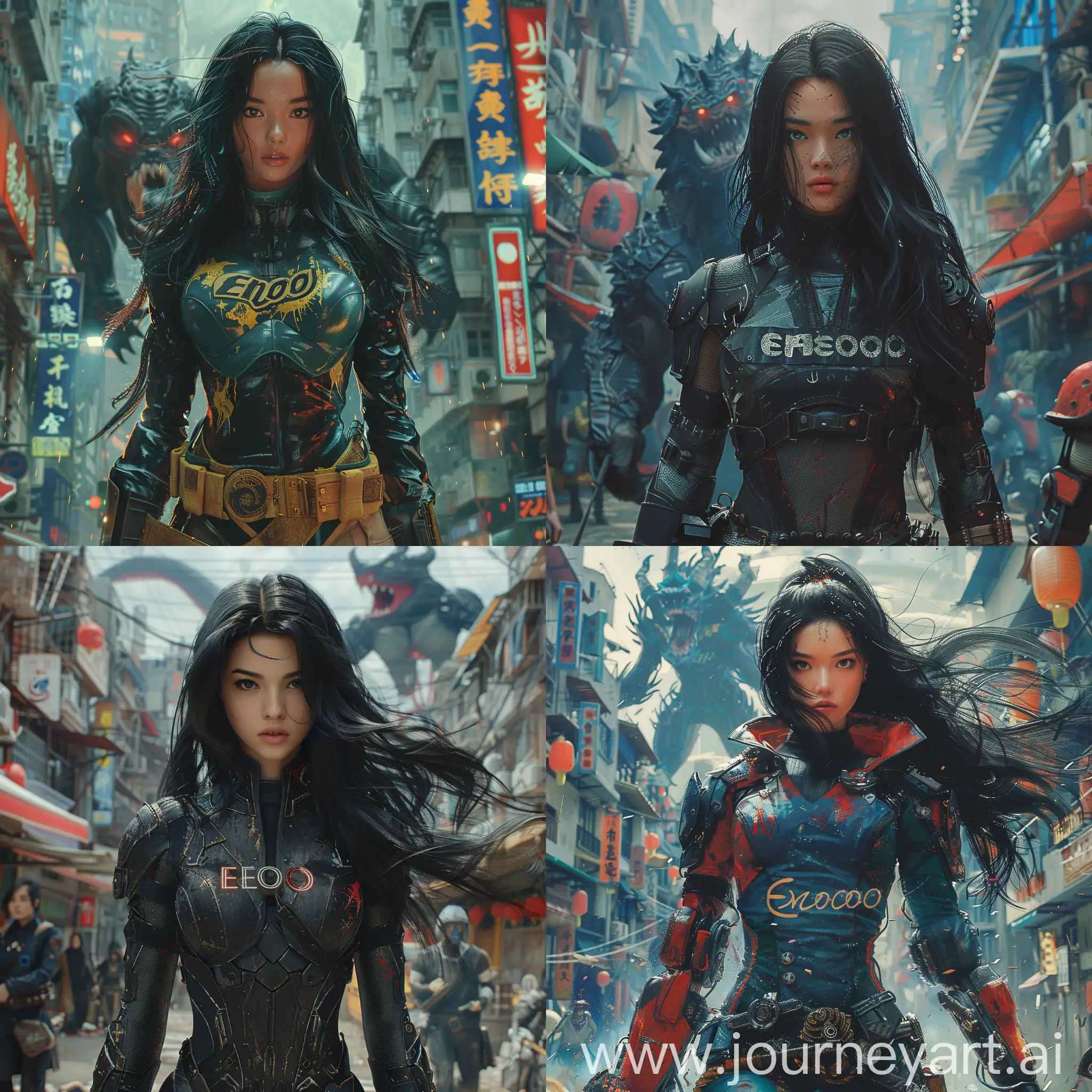 woman with black flowing hair and a superhero suit with the imprint "Echo", standing in a city, behind her a monster, bohemian gothic fashion, Japanese steampunk fashion, ultra realistic, sharp focus, high detailed render, realistic digital art 4k,vermillion and blue --stylize 700 --style raw --v 6