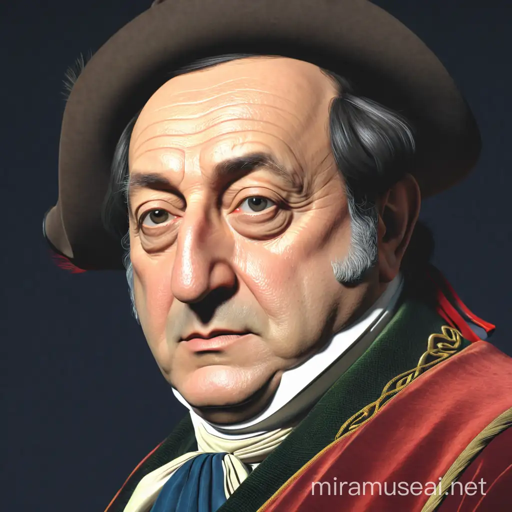 Gioachino Rossini.  we see him from the waist up. in realism style, 3d-animation.