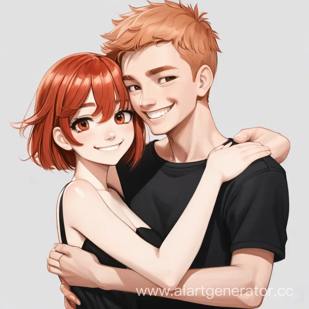 Affectionate-RedHaired-Girl-Hugs-Smiling-Blond-Guy-in-Stylish-Black-Dress